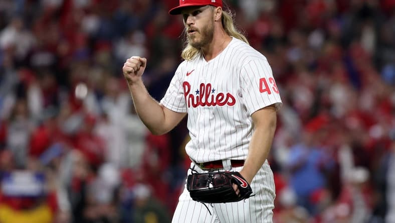Oct 22, 2022; Philadelphia, Pennsylvania, USA; Philadelphia Phillies starting pitcher Noah Syndergaard (43) reacts after getting the third out in the sixth inning during game four of the NLCS against the San Diego Padres for the 2022 MLB Playoffs at Citizens Bank Park. Mandatory Credit: Bill Streicher-USA TODAY Sports