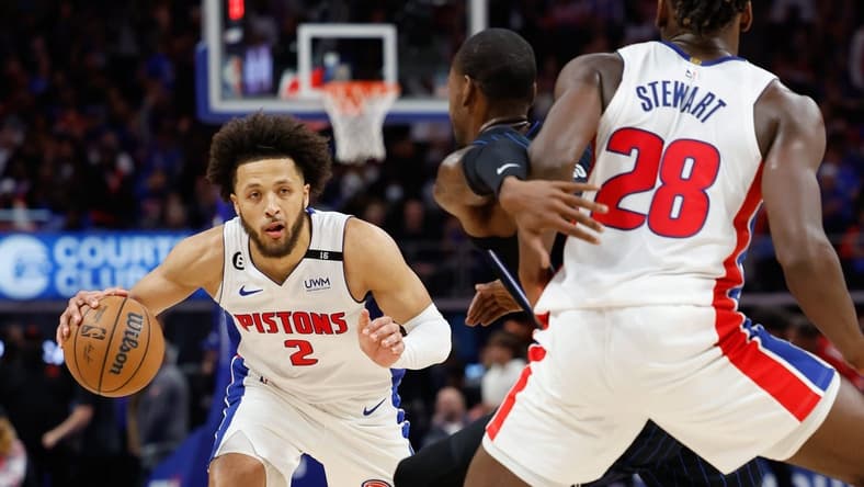 Oct 19, 2022; Detroit, Michigan, USA; Detroit Pistons guard Cade Cunningham (2) dribbles against the Orlando Magic at Little Caesars Arena. Mandatory Credit: Rick Osentoski-USA TODAY Sports