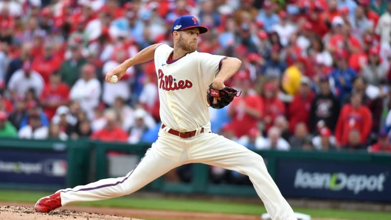 Oct 23, 2022; Philadelphia, Pennsylvania, USA; Philadelphia Phillies starting pitcher Zack Wheeler (45) pitches in the first inning during game five of the NLCS against the San Diego Padres for the 2022 MLB Playoffs at Citizens Bank Park. Mandatory Credit: Eric Hartline-USA TODAY Sports