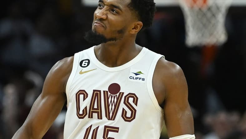 Oct 23, 2022; Cleveland, Ohio, USA; Cleveland Cavaliers guard Donovan Mitchell (45) reacts as time expires during overtime against the Washington Wizards at Rocket Mortgage FieldHouse. Mandatory Credit: Ken Blaze-USA TODAY Sports