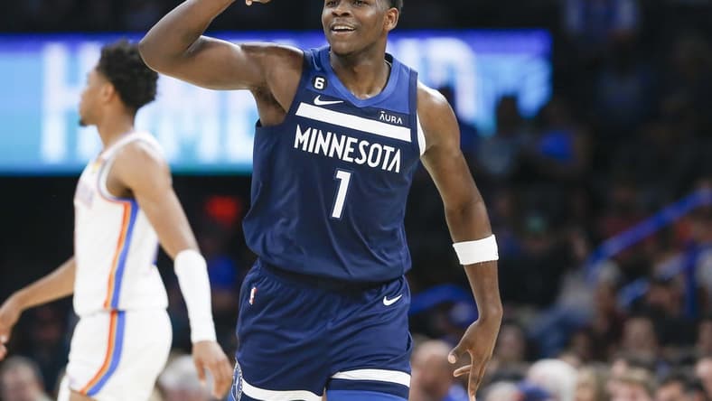 Oct 23, 2022; Oklahoma City, Oklahoma, USA; Minnesota Timberwolves forward Anthony Edwards (1) celebrates after scoring against the Oklahoma City Thunder during the second half at Paycom Center. Minnesota won 116-106. Mandatory Credit: Alonzo Adams-USA TODAY Sports