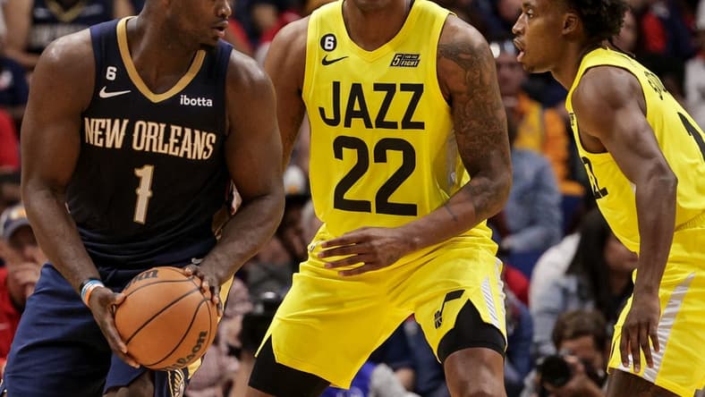 Oct 23, 2022; New Orleans, Louisiana, USA; New Orleans Pelicans forward Zion Williamson (1) posts up against Utah Jazz forward Rudy Gay (22) and guard Mike Conley (11) during the second half at Smoothie King Center. Mandatory Credit: Stephen Lew-USA TODAY Sports