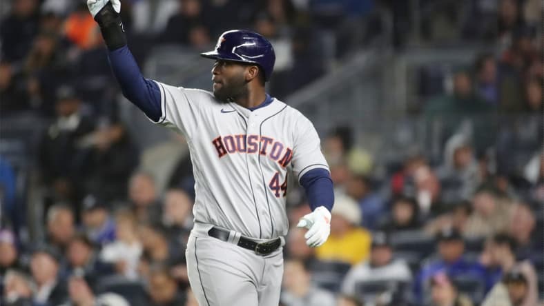 Oct 23, 2022; Bronx, New York, USA; Houston Astros designated hitter Yordan Alvarez (44) celebrates scoring a run in the third inning against the New York Yankees during game four of the ALCS for the 2022 MLB Playoffs at Yankee Stadium. Mandatory Credit: Wendell Cruz-USA TODAY Sports
