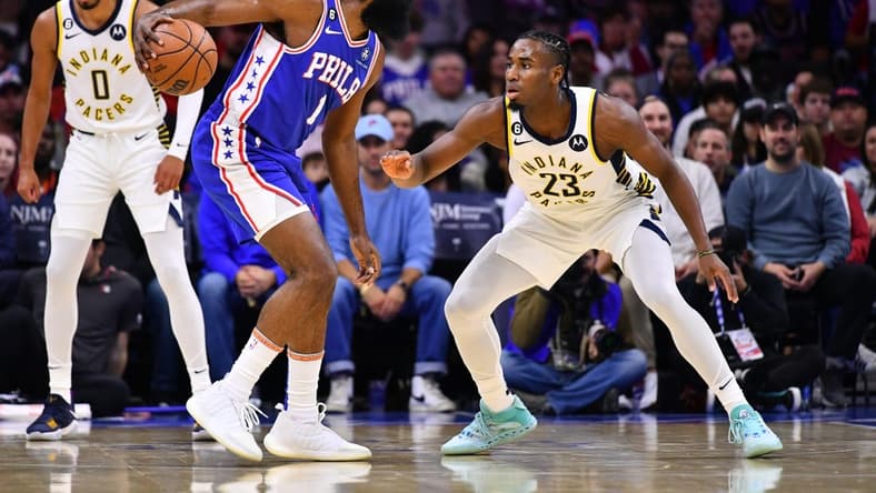 Oct 24, 2022; Philadelphia, Pennsylvania, USA; Indiana Pacers guard Aaron Nesmith (23) defends Philadelphia 76ers guard James Harden (1) in the first quarter at Wells Fargo Center. Mandatory Credit: Kyle Ross-USA TODAY Sports