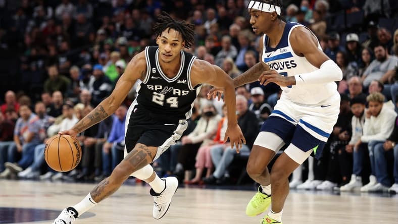 Oct 24, 2022; Minneapolis, Minnesota, USA; San Antonio Spurs guard Devin Vassell (24) dribbles the ball while Minnesota Timberwolves forward Jaden McDaniels (3) defends during the first quarter at Target Center. Mandatory Credit: Matt Krohn-USA TODAY Sports