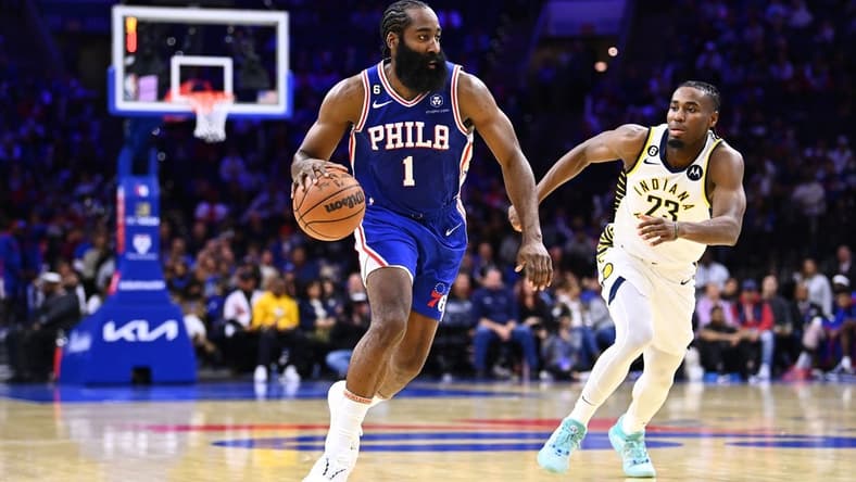 Oct 24, 2022; Philadelphia, Pennsylvania, USA; Philadelphia 76ers guard James Harden (1) drives against Indiana Pacers guard Aaron Nesmith (23) in the third quarter at Wells Fargo Center. Mandatory Credit: Kyle Ross-USA TODAY Sports
