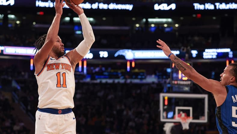 Oct 24, 2022; New York, New York, USA; New York Knicks guard Jalen Brunson (11) shoots the ball as Orlando Magic guard Cole Anthony (50) defends during the first half at Madison Square Garden. Mandatory Credit: Vincent Carchietta-USA TODAY Sports