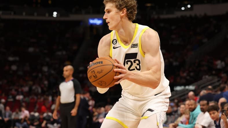 Oct 24, 2022; Houston, Texas, USA; Utah Jazz forward Lauri Markkanen (23) passes against the Houston Rockets at the Toyota Center. Mandatory Credit: Thomas Shea-USA TODAY Sports