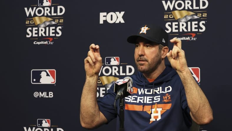 Oct 27, 2022; Houston, TX, USA; World Series game one Houston Astros starting pitcher Justin Verlander (35) answers questions from the press at Minute Maid Park. Mandatory Credit: Thomas Shea-USA TODAY Sports