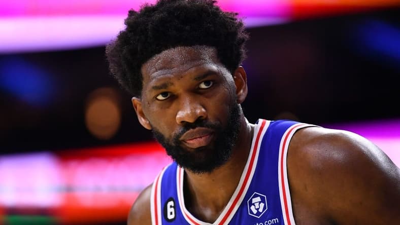 Oct 24, 2022; Philadelphia, Pennsylvania, USA; Philadelphia 76ers center Joel Embiid (21) looks on against the Indiana Pacers in the second quarter at Wells Fargo Center. Mandatory Credit: Kyle Ross-USA TODAY Sports