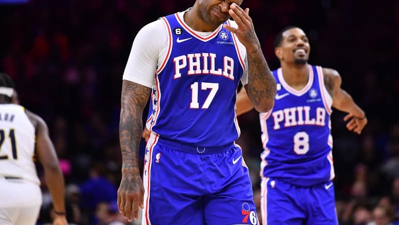 Oct 24, 2022; Philadelphia, Pennsylvania, USA; Philadelphia 76ers forward P.J. Tucker (17) reacts against the Indiana Pacers in the second quarter at Wells Fargo Center. Mandatory Credit: Kyle Ross-USA TODAY Sports
