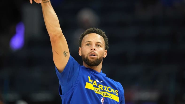 Oct 23, 2022; San Francisco, California, USA; Golden State Warriors guard Stephen Curry (30) warms up before the game against the Sacramento Kings at Chase Center. Mandatory Credit: Darren Yamashita-USA TODAY Sports