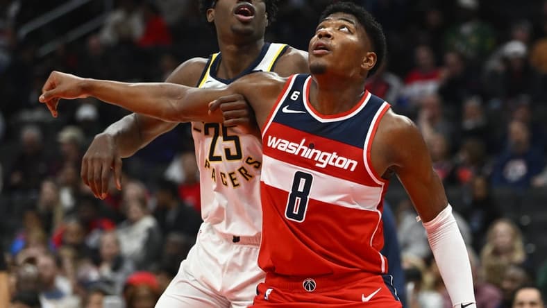Oct 28, 2022; Washington, District of Columbia, USA; Washington Wizards forward Rui Hachimura (8) boxes out Indiana Pacers forward Jalen Smith (25) during the first half at Capital One Arena. Mandatory Credit: Brad Mills-USA TODAY Sports