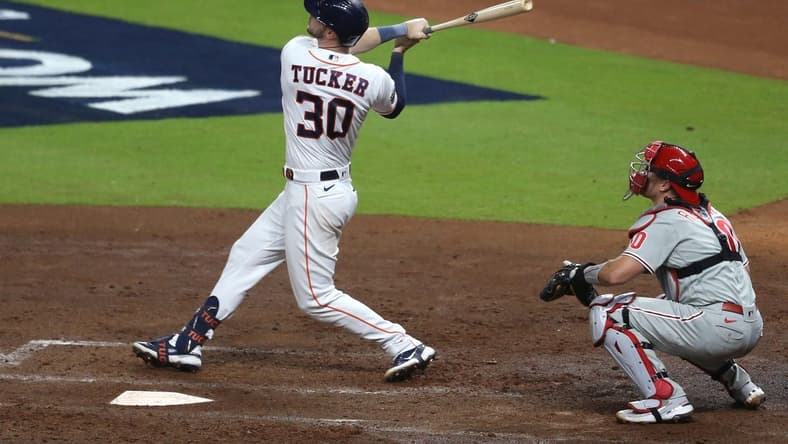 Oct 28, 2022; Houston, Texas, USA; Houston Astros right fielder Kyle Tucker (30) hits a three-run home run during the third inning against the Philadelphia Phillies in game one of the 2022 World Series at Minute Maid Park. Mandatory Credit: Thomas Shea-USA TODAY Sports