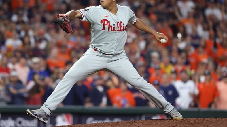 Oct 28, 2022; Houston, Texas, USA; Philadelphia Phillies relief pitcher Ranger Suarez (55) throws a pitch against the Houston Astros during the seventh inning in game one of the 2022 World Series at Minute Maid Park. Mandatory Credit: Troy Taormina-USA TODAY Sports