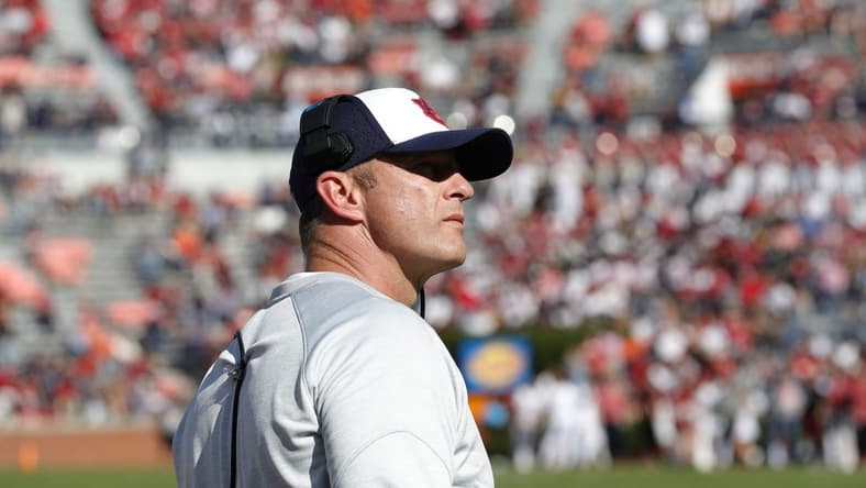 Oct 29, 2022; Auburn, Alabama, USA; Auburn Tigers head coach Bryan Harsin looks at the scoreboard during the fourth quarter in Jordan-Hare Stadium. The Tigers lost to the Arkansas Razorbacks 41-27. Mandatory Credit: John Reed-USA TODAY Sports