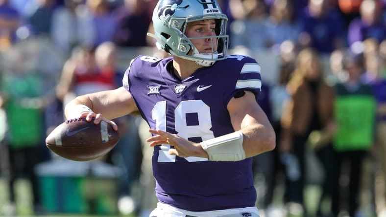 Oct 29, 2022; Manhattan, Kansas, USA; Kansas State Wildcats quarterback Will Howard (18) drops back to pass during the first quarter against the Oklahoma State Cowboys at Bill Snyder Family Football Stadium. Mandatory Credit: Scott Sewell-USA TODAY Sports