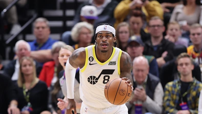 Oct 29, 2022; Salt Lake City, Utah, USA; Utah Jazz forward Jarred Vanderbilt (8) brings the ball up the court against the Memphis Grizzlies in the second quarter at Vivint Arena. Mandatory Credit: Rob Gray-USA TODAY Sports
