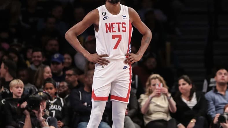 Oct 29, 2022; Brooklyn, New York, USA; Brooklyn Nets forward Kevin Durant (7) looks up at the scoreboard in the fourth quarter against the Indiana Pacers at Barclays Center. Mandatory Credit: Wendell Cruz-USA TODAY Sports