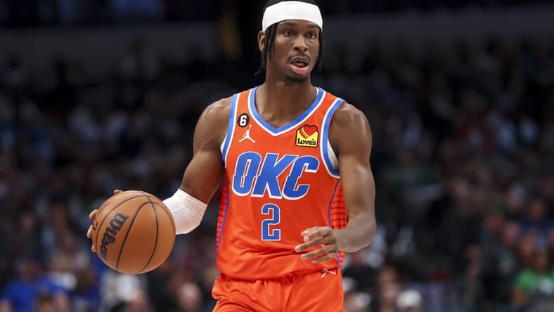 Oct 29, 2022; Dallas, Texas, USA; Oklahoma City Thunder guard Shai Gilgeous-Alexander (2) dribbles during the game against the Dallas Mavericks at American Airlines Center. Mandatory Credit: Kevin Jairaj-USA TODAY Sports