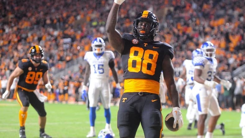 Tennessee tight end Princeton Fant (88) celebrates after scoring a touchdown during the NCAA college football game against Kentucky on Saturday, October 29, 2022 in Knoxville, Tenn.

Utvkentucky1029