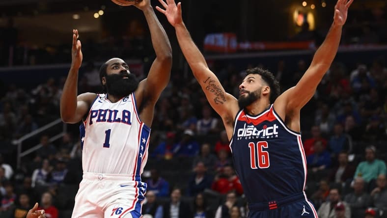 Oct 31, 2022; Washington, District of Columbia, USA; Philadelphia 76ers guard James Harden (1) shoots over Washington Wizards forward Anthony Gill (16) during the first half at Capital One Arena. Mandatory Credit: Brad Mills-USA TODAY Sports