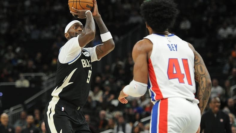 Oct 31, 2022; Milwaukee, Wisconsin, USA; Milwaukee Bucks forward Bobby Portis (9) shoots the ball against Detroit Pistons forward Saddiq Bey (41) in the second quarter at Fiserv Forum. Mandatory Credit: Michael McLoone-USA TODAY Sports