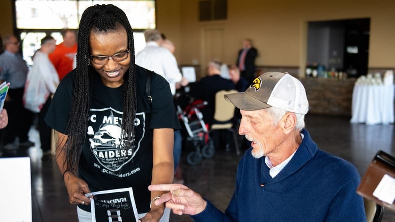 Hall of fame punter Ray Guy talks about the good old days with Niqui Hayden, Executive Director of the DC Metro Raiders during the 54th Annual York Area Sports Night, April 4, 2019 at the Heritage Hills Golf and Conference Center.

Ydr Cc 4 4 19 Sports Night