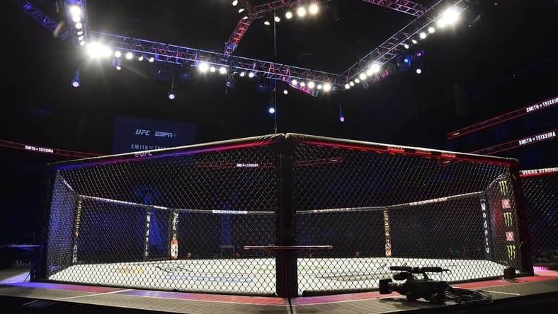 May 13, 2020; Jacksonville, Florida, USA; General view of the empty octagon before UFC Fight Night at VyStar Veterans Memorial Arena. Mandatory Credit: Jasen Vinlove-USA TODAY Sports
