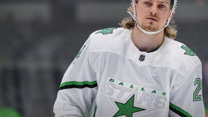 Apr 19, 2021; Dallas, Texas, USA; Dallas Stars left wing Roope Hintz (24) skates in warm-ups prior to the game against against the Detroit Red Wings at American Airlines Center. Mandatory Credit: Jerome Miron-USA TODAY Sports