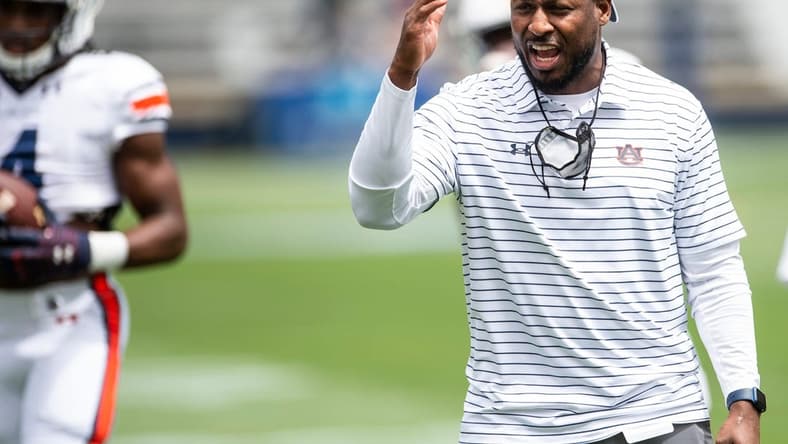Auburn running backs coach Cadillac Williams during warm-ups before the A-Day spring game at Jordan-Hare Stadium in Auburn, Ala., on Saturday, April 17, 2021.