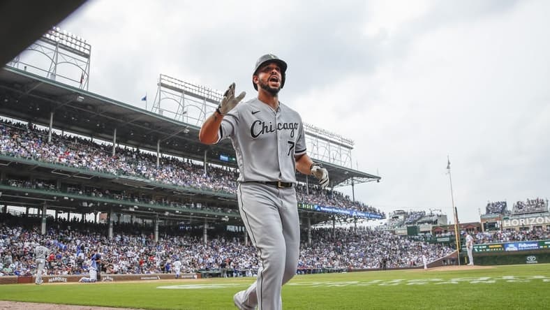 Aug 7, 2021; Chicago, Illinois, USA; Chicago White Sox first baseman Jose Abreu (79) celebrates after hitting a solo home run against the Chicago Cubs during the eight inning at Wrigley Field. Mandatory Credit: Kamil Krzaczynski-USA TODAY Sports