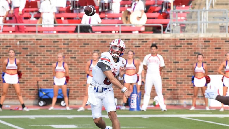 SMU quarterback Tanner Mordecai (8) lets go of a pass during Saturday's game against ACU at Gerald J. Ford Stadium in Dallas on Sept. 4, 2021. Mordecai threw an SMU-record seven touchdowns as the Mustangs won 56-9.
Hof 7364 2