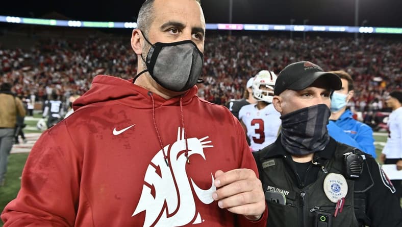 Oct 16, 2021; Pullman, Washington, USA; Washington State Cougars head coach Nick Rolovich celebrates after a game against the Stanford Cardinal at Gesa Field at Martin Stadium. The Cougars won 34-31. Mandatory Credit: James Snook-USA TODAY Sports