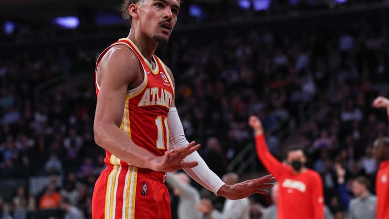 Mar 22, 2022; New York, New York, USA; Atlanta Hawks guard Trae Young (11) gestures towards the crowd during the first half against the New York Knicks at Madison Square Garden. Mandatory Credit: Vincent Carchietta-USA TODAY Sports