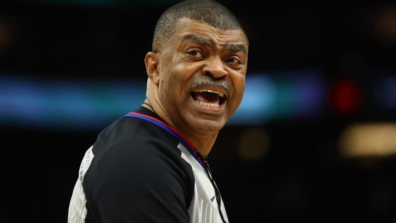 Apr 19, 2022; Phoenix, Arizona, USA; NBA referee Tony Brothers reacts during the New Orleans Pelicans against the Phoenix Suns during game two of the first round for the 2022 NBA playoffs at Footprint Center. Mandatory Credit: Mark J. Rebilas-USA TODAY Sports
