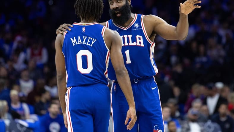 May 6, 2022; Philadelphia, Pennsylvania, USA; Philadelphia 76ers guard James Harden (1) talks with guard Tyrese Maxey (0) during the third quarter in game three of the second round for the 2022 NBA playoffs against the Miami Heat at Wells Fargo Center. Mandatory Credit: Bill Streicher-USA TODAY Sports