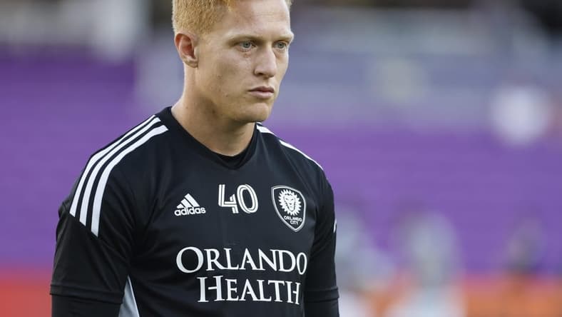 May 28, 2022; Orlando, Florida, USA;Orlando City SC goalkeeper Adam Grinwis (40) warms up before a match against FC Dallas at Exploria Stadium. Mandatory Credit: Kim Klement-USA TODAY Sports