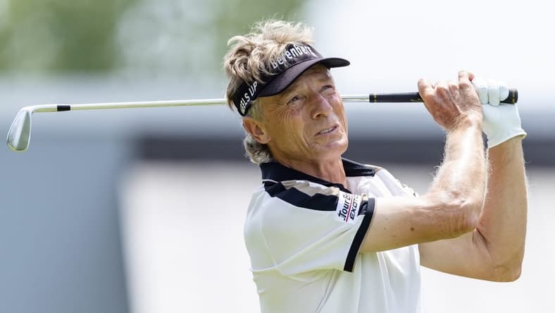May 29, 2022; Benton Harbor, Michigan, USA; Bernhard Langer tees off on the second hole during the final round of the 2022 KitchenAid Senior PGA Championship at Harbor Shores. Mandatory Credit: Raj Mehta-USA TODAY Sports