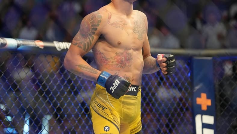 Jul 2, 2022; Las Vegas, Nevada, USA; Alex Pereira (blue gloves) enters the octagon before a bout against Sean Strickland (red gloves) during UFC 276 at T-Mobile Arena. Mandatory Credit: Stephen R. Sylvanie-USA TODAY Sports