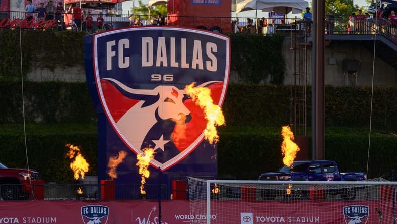 Jul 4, 2022; Frisco, Texas, USA; A view of the FC Dallas logo and flames before the game between FC Dallas and Inter Miami at Toyota Stadium. Mandatory Credit: Jerome Miron-USA TODAY Sports