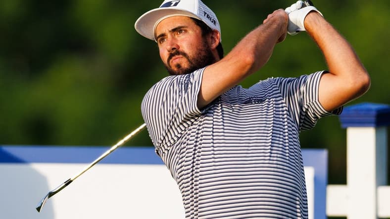 Jul 9, 2022; Nicholasville, Kentucky, USA; Mark Hubbard plays his shot from the second tee during the third round of the Barbasol Championship golf tournament. Mandatory Credit: Jordan Prather-USA TODAY Sports