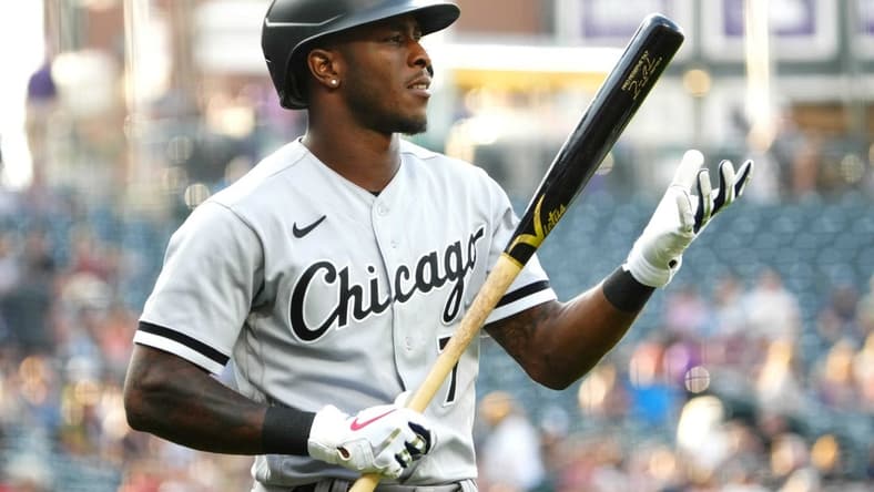Jul 26, 2022; Denver, Colorado, USA; Chicago White Sox shortstop Tim Anderson (7) during the first inning against the against the Colorado Rockies at Coors Field. Mandatory Credit: Ron Chenoy-USA TODAY Sports