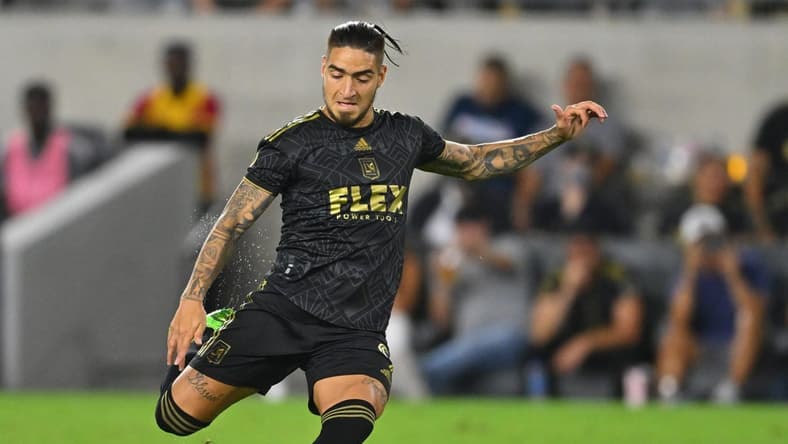 Aug 16, 2022; Los Angeles, California, USA; D.C. LAFC forward Cristian Arango (9) takes a shot on goal in the second half against D.C. United at Banc of California Stadium. Mandatory Credit: Jayne Kamin-Oncea-USA TODAY Sports