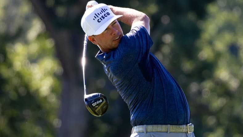 Aug 18, 2022; Wilmington, Delaware, USA; Chez Reavie plays his shot from the third tee during the first round of the BMW Championship golf tournament. Mandatory Credit: Bill Streicher-USA TODAY Sports