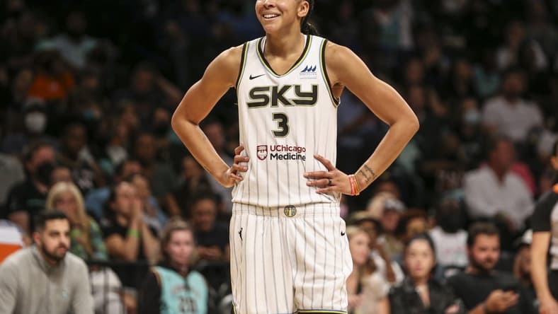 Aug 23, 2022; Brooklyn, New York, USA; Chicago Sky forward Candace Parker (3) reacts after being called for a foul in the third quarter against the New York Liberty at Barclays Center. Mandatory Credit: Wendell Cruz-USA TODAY Sports