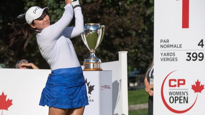 Aug 28, 2022; Ottawa, Ontario, CAN; Allisen Corpuz from the United States tees off the 1st hole during the final round of the CP Women's Open golf tournament. Mandatory Credit: Marc DesRosiers-USA TODAY Sports