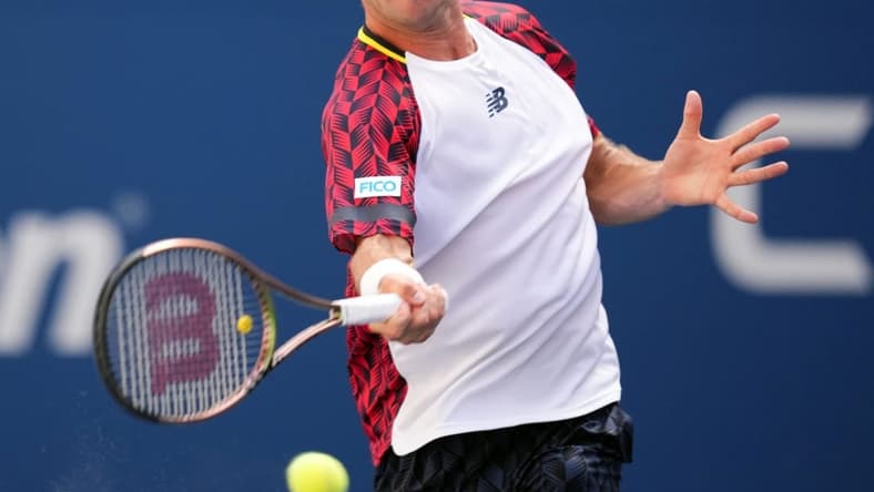 Sep 2, 2022; Flushing, NY, USA; Tommy Paul of the United States hits to Casper Ruud of Norway on day five of the 2022 U.S. Open tennis tournament at USTA Billie Jean King Tennis Center. Mandatory Credit: Danielle Parhizkaran-USA TODAY Sports