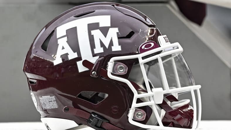 Sep 3, 2022; College Station, Texas, USA;  Texas A&M Aggies helmet on the sideline during the second half against the Sam Houston State Bearkats at Kyle Field. Mandatory Credit: Maria Lysaker-USA TODAY Sports