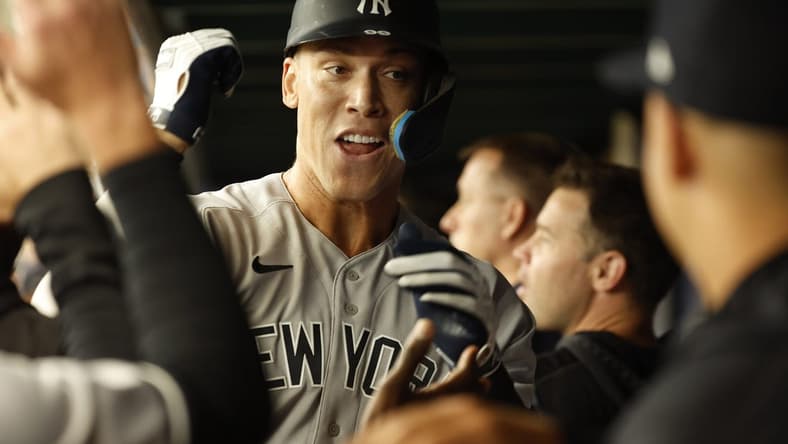 Sep 4, 2022; St. Petersburg, Florida, USA; New York Yankees right fielder Aaron Judge (99) celebrates after hitting a home run during the first inning against the Tampa Bay Rays at Tropicana Field. Mandatory Credit: Kim Klement-USA TODAY Sports